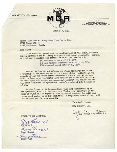 Three Stooges Signed Contract Termination From 1951, With Shemp's Signature